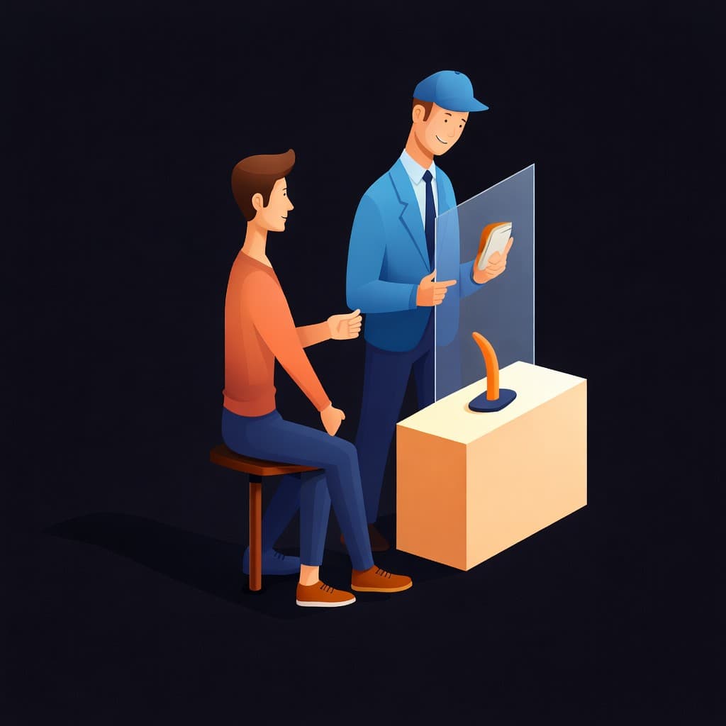 3D isometric illustration of a seated candidate and a mentor at a holographic screen on a dark background — internship interview preparation and guidance.