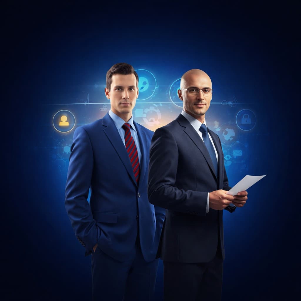 Two confident working professionals in business suits on a digital background with tech icons — career growth and interview preparation for experienced candidates on GyanBatua.